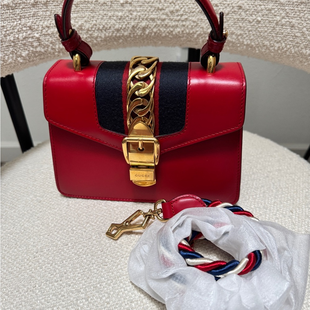 Sold !!! Gucci Red Leather Top-Handle Satchel with Gold Chain Accent